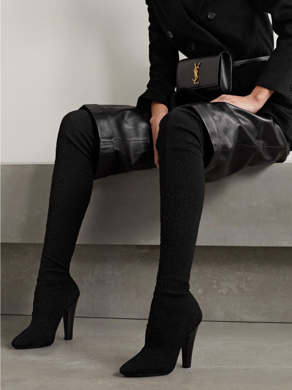 Saint Laurent Koller Stretch Cloqué Overknee Boots